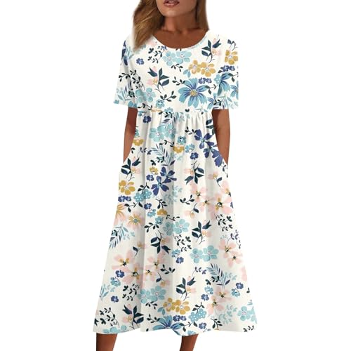 FUPODD Sommerkleider Damen Leicht Und Luftig Elegante Musselin Tunika Kleid Midi Sommer Blusenkleid Tshirt Kleider Elegant Langes Sommerkleid...