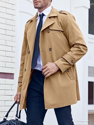 Makkrom Men's Trench Coat Slim fit Double Breasted Notched Lapel Belted Windbreaker Long Jacket Casual Windproof Overcoat4