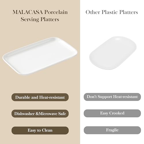 MALACASA Servierplatte Porzellan, Serviertablett 4-teiliges Set, Rechteckig Servierplatte Groß für Buffets, Sushi, Kuchen, Vorspeisen zu Hause/im Restaurant, 30 x 18 cm Weiß (Weiß, 4-teiliges)