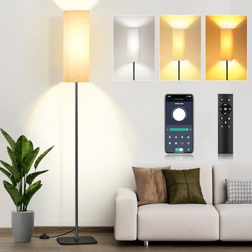 Floor Lamps for Living Room with Remote, Standing Lamp Bedroom 12W LED Bulb | Dimmable 3 Color Temperatures 2700-6500K, Tall Reading Office Linen Shade Boho, Black+Linen, LDD-22
