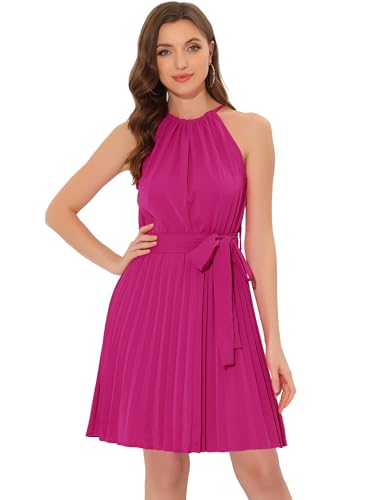 Allegra K Mujer Vestido de Playa Plisado con Cinturón Y Cuello Halter Sin Mangas Verano Rosa...