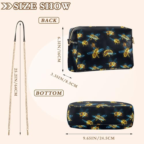 Women Crossbody Bag Shoulder Handbag Cellphone Purse Golden Bees Print, PU Leather Metal Chain Strap Water Resistant Zipper Closure3