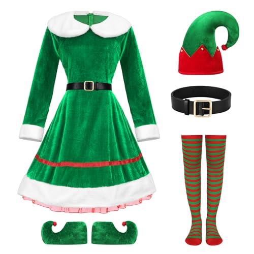 LEACOOLKEY Costume da elfo di Natale Set Vacanza Elfo Cosplay Vestito di Velluto Vestito di Natale per Festa Con Cappello Scarpe Cinghia Calzini