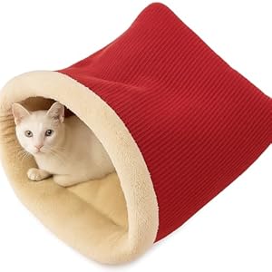 Cat Sleeping Bag – Cozy Plush Pet Bed for Cats and Small Pets, 13″ x 10″ x 1.6″ (33 x 26 x 4 cm), Soft Red & Cream Design, Machine Washable, Portable Comfort