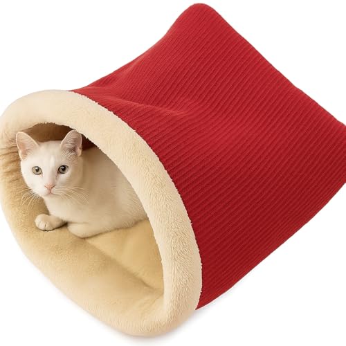Cat Sleeping Bag – Cozy Plush Pet Bed for Cats and Small Pets, 13″ x 10″ x 1.6″ (33 x 26 x 4 cm), Soft Red & Cream Design, Machine Washable, Portable Comfort