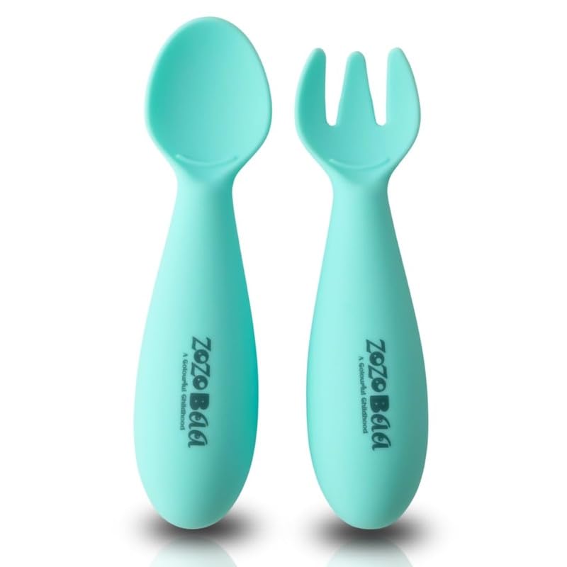 Image of Baby Weaning Spoon & Fork Set, Chewable Silicone Utensils for Training Infants, Baby Led Self Feeding, 6 M+| Gum Friendly, BPA Free, Dishwasher Safe, Unbreakable, 1 Pair, Mint Green
