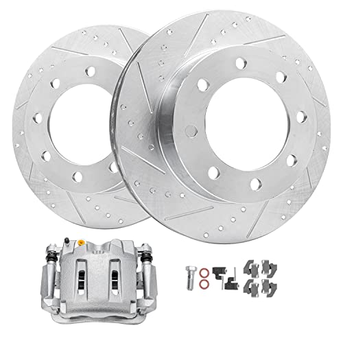 Image of Detroit Axle - Front Brake Kit for 4WD AWD 2005-2012 Ford F-250 F-350 Super Duty Drilled & Slotted Disc Brake Rotors 2006 2007 2008 2009 2010 2011 Replacement Left Brake Caliper