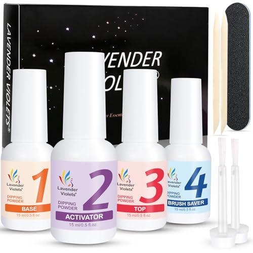 Lavender Violets Acrylic Dipping Powder System Essentials Kit 15ml Big Bottles Liquid Glue Set Steps 1-4 Base Coat Activator Top Brush Saver No Need Cure Manicure J775