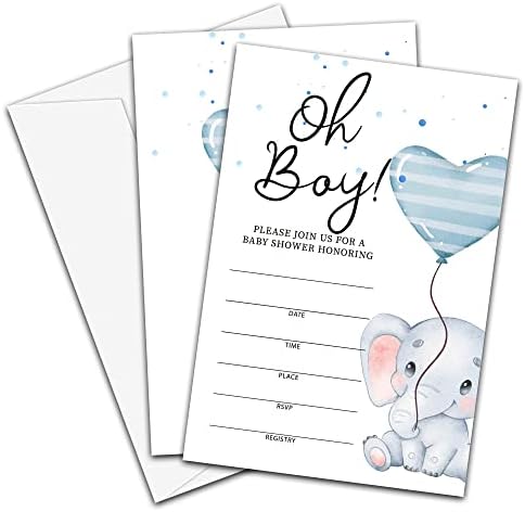 Balloon Elephant Baby Shower Invitation Cards With Envelopes（4" X 6"）-Oh Boy Fill-In Baby Shower Double-Sided Invites, Baby Shower Party Supplies - 25 Sets - C12