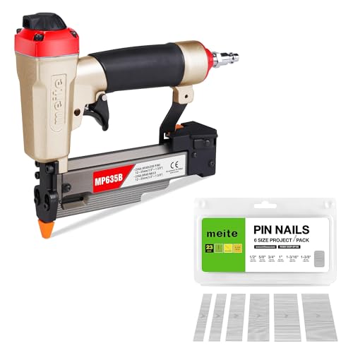 meite MP635B Compressed Air Pin Nailer with 23 Gauge 6,000 Pieces Pin Nails (12mm, 15mm, 19mm, 25mm, 30mm, 35mm), Galvanised 23 Gauge Pin Nails Headless Nails for Nail Gun for 10-30mm Micro Pin Nails