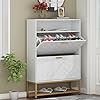 Loomie shoe cabinet free standing tipping bucket shoe rack organizer with 2 flip drawersentryway narrow shoe storage with storage shelf top cubbymodern slim hidden shoe cabinet with doors white  urban country home decor
