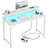 iSunirm 47 inch Computer Desk with Power Outlets, Gaming Desk with LED Lights, Home Office Work Desk with Monitor Shelf, Modern Office Desk Study Writing Table for Small Spaces, White