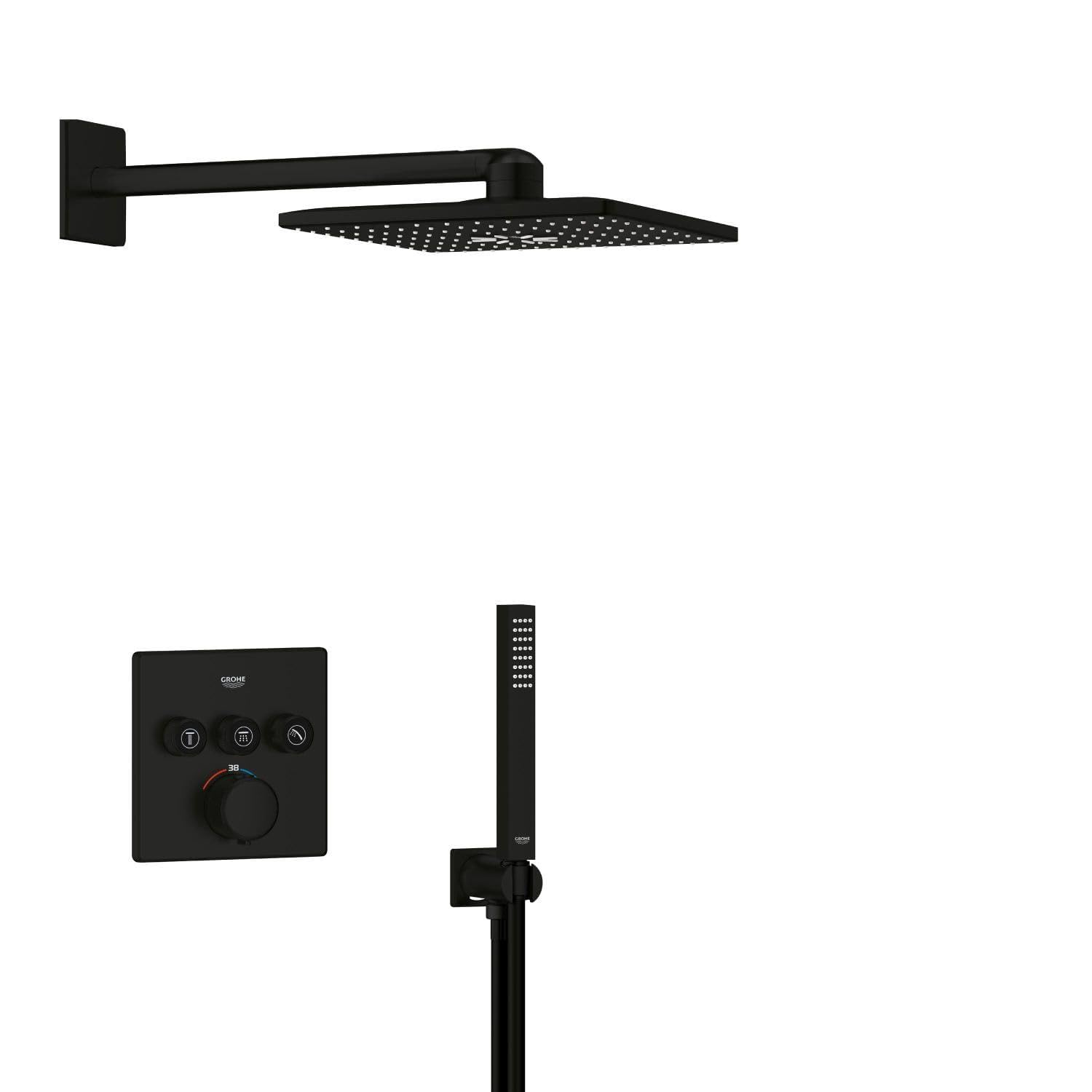 GROHE Precision SmartControl - Sistema Doccia Incasso con Termostato 3 Valvole (Soffione SmartActive 31cm 2 Spray, Cube Stick Hand Shower 1 Spray, Flessibile, Braccio Doccia), Nero Opaco