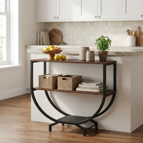 Image of Modern Console Table for Entryway, Brown Wood Finish Top with Black Metal Frame | Narrow Console Table with Storage Shelf | Wooden MDF Console Tables for Living Room, Bedroom & Home Decor | DIY