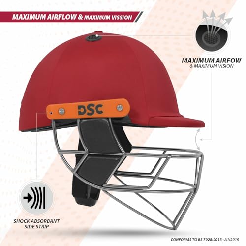 Image of DSC Empra Titanium BSI Approved Professional Cricket Helmet | BS7928 Certified Pro-Standard Hard Ball Helmet with Ultra-Light Titanium Grill & Advanced Shock Absorption | Color: Red | Size: L