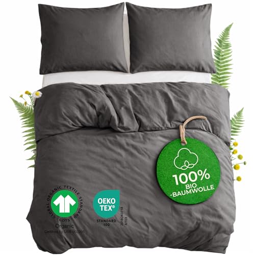 Dreamzie Bettwäsche 155x220 100% Baumwolle 3-teilig mit 2 Kissenbezüge 80x80 cm - Bio-Baumwolle Percale 180 TC - Atmungsaktiv & Weich, Oeko-Tex & GOTS Zertifiziert, Anthrazit