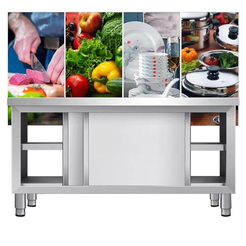 Banco de trabajo de acero inoxidable con puertas correderas de doble paso, mesa multifuncional de preparación de cocina, patas ajustables, mesa de metal para uso doméstico y de fábrica (100 x 60 x 80