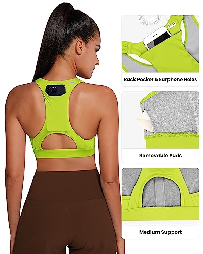 Image of QUEENIEKE BareFlow Women's Sports Bras with Phone Pocket Medium Impact Padded Racerback Workout Gym Crop Top Running Yoga Bra