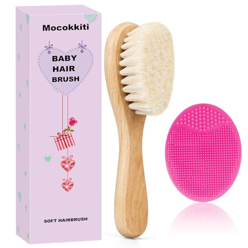 Image of Mocokkiti Baby Hair Brush, Goat Bristles Brush and Rose Red Baby Silicone Brush Set for Cradle Cap Wood Bristle Brush for Newborns and Toddlers (2 Piece)