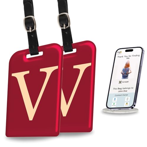 [Pack 2] tag8 Smart Luggage Tag ID with Name Initial V| Bag Tag with Global Loss Recovery Service | Airline Compliant | SITA World Tracer Code Enabled | Smart Alternative to Name Tags | Gift idea (V)