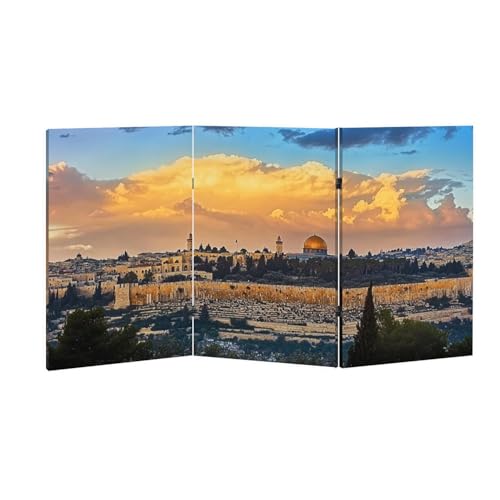2 Ft Room Divider Screen Beautiful Sunset Clouds City Jerusalem Mount Quarter Portable Short Canvas Folding Screen 3 Panel Freestanding Separator Privacy Partition Indoor Home Office