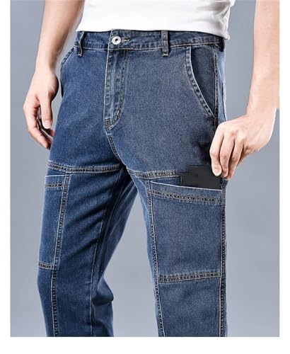 Mnjyihy Men Summerjeans Multi-Pocket Splicing Straight-Leg Denim Trousers Double Knee Denim Cargo Pants2