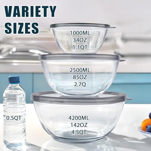 Glass Mixing Bowls with Lids Set(4.5QT, 2.7QT, 1.1QT),Glass Bowls with Lids Large Mixing Bowl Salad Bowls Space-Saving Nesting bowls Serving bowls Storage Container for Cooking,Baking,Prepping - Thumbnail 4
