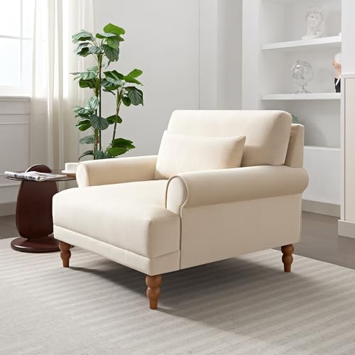 Beige Velvet Accent Arm Chair with Solid Wood Legs | Ergonomic Lumbar Support, Cozy French Country Chic Large Lounge Chair for Living Room Bedroom Study