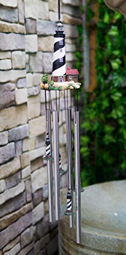 Ebros Cape Hatteras Barrier Island Black And White Spiral Bands Lighthouse Hanging Garden Patio Wind Chime With Aluminum Rods And Miniature Resin Light House Decorative Mobile Sculptures #TOP21