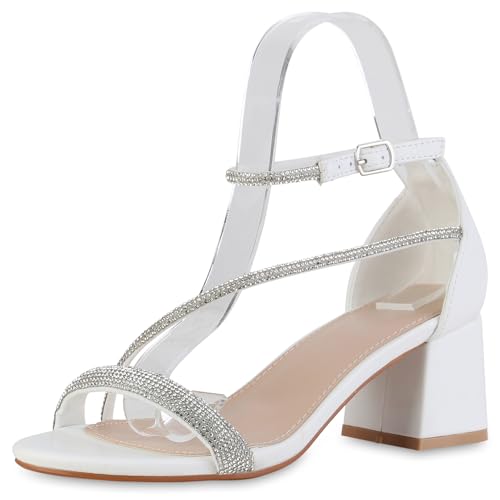 VAN HILL Damen Riemchensandaletten Blockabsatz Strass Party Schuhe 840889 214229 Weiss 37