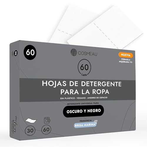 Cosmeau Hojas de Detergente para Prendas Negras y Oscuras - Brisa Marina - Hasta 60 Lavados (30 Hojas) - Para Ropa Lavadora - Libre de Plástico y Detergente de Viaje Perfecto