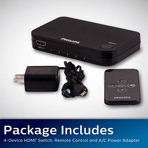 Philips 4 Device Hdmi Switch 4K@60Hz, Wireless Remote, Use With 4K Smart Tv Roku Xbox Ps4 Fire Stick Ps5 Fire Tv Hdmi Switcher 4 In 1 Out Pc, Ultra Hd, Hdcp 2.0, Swv9484B/27 #TOP6