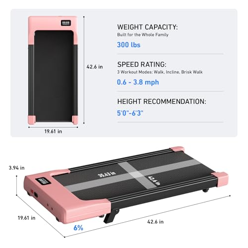 DeerRun Under Desk Walking Pad Treadmill with 6% Manual Incline, 0.6-3.8 MPH Walking Speed, 2.5 HP, 300 lb Capacity, App & Remote Control, for Home Office & Small Spaces
