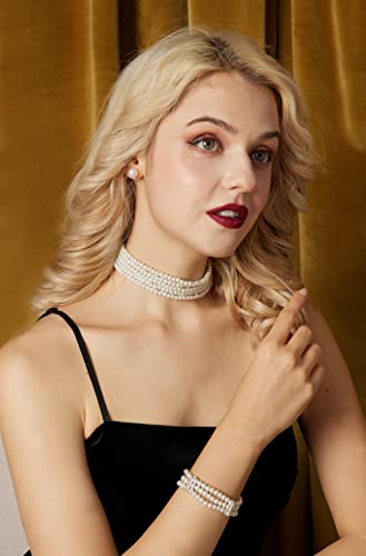 Gionforsy White Pearl Choker Necklace Multi Strand Pearl Choker Necklace Short Pearl Necklace For Wedding Tea Party (5 Layers) #TOP1