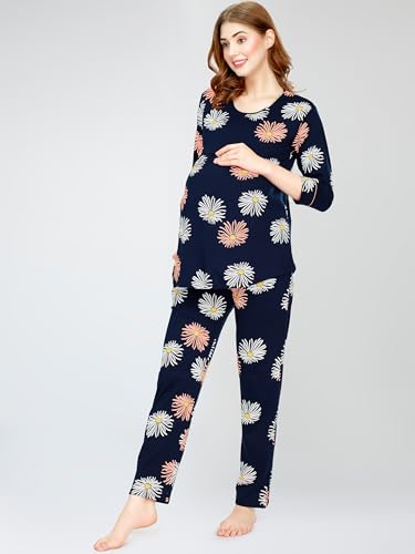 Image of ZEYO Cotton Blend Women's Cotton Floral Printed Nursing & Maternity Night Suit Set Of Top & Relaxed Pyjama Feeding Night Dress 5804