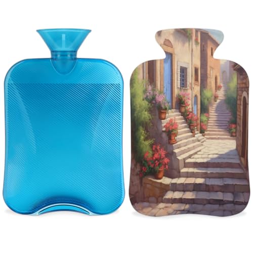 Hot Water Bottle with Soft Cover,2L Mystical City Hot Water Bag for Hot and Cold Compress, Hand Feet Warmer, Modern City Rubber Hot or Cold Water Bottle Halloween Christmas Decorations