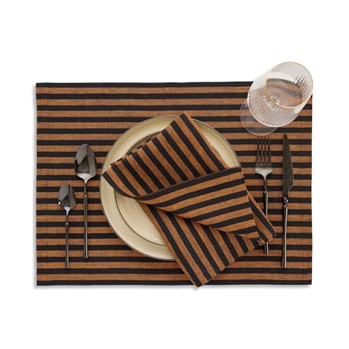 Image of Solino Home 100% Pure Linen Placemats, 14 x 19 in, Pumpkin Stripe, Set of 4 | Amalfi Stripe, define each seat for daily meals and dining, European flax fibres, machine washable, soft, OEKO-TEX Certified