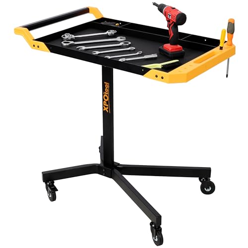 Image of Adjustable Height Mobile Work Table, Rolling Tool Cart - Heavy-Duty Steel Service Stand for Mechanics, Garage, Workshop & DIY Projects - 34 inch to 48 inch Portable Workstation