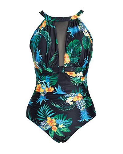 image for Tempt Me Women One Piece Swimsuit Plunge Mesh Ruch Swimwear Black Pine