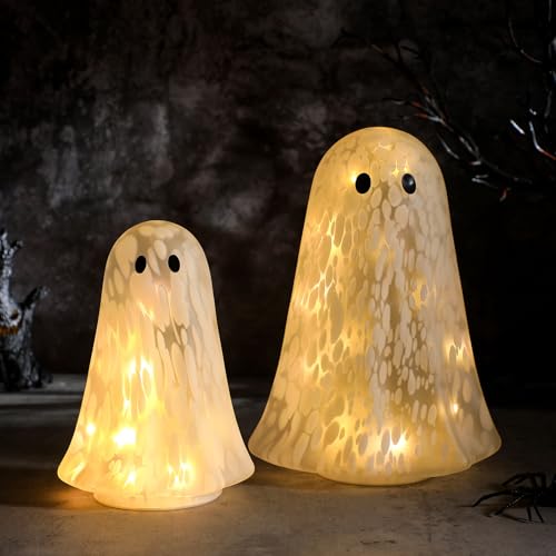 Flutesan 2 Pcs Halloween Confetti Ghost Glass Table Light Set Cute Glass Ghost Light up for Home Halloween Party Tabletop Kitchen Counter Fireplace Mantle Decoration