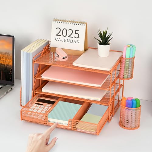 Image of gianotter Paper Letter Tray Organizer with File Holder, 4-Tier Desk Accessories & Workspace Desk Organizers with Drawer and 2 Pen Holder for Office Supplies (Orange)