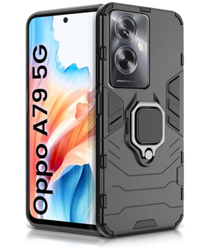 Image of WOW IMAGINE Shock Proof Back Case Mobile Cover for Oppo A79 5G | Back Cover Case (Tough Armor | Hybrid PC + TPU | Ring Holder & in-Built Kickstand | Black)