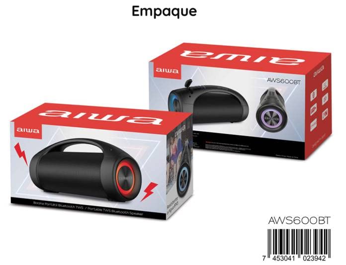 Technical specifications for Aiwa AWS600BT speaker, including Bluetooth version, TWS function, voice assistant, IPX5 water resistance, FM radio, speaker size, output, battery, play time, frequency response, and product dimensions.