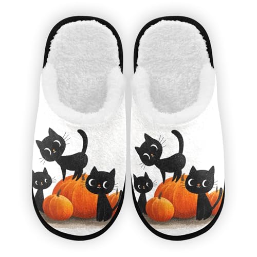 Halloween Cat Yellow Pumpkin Slippers For Women Men Soft Memory Foam Non-Slip Hallowmas Winter Indoor House Shoes Travel Slipper