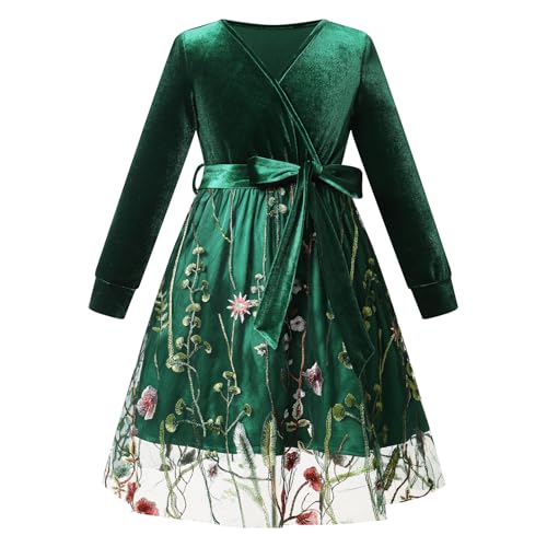 AWIBMK Mommy and Me Christmas Long Sleeve Floral Embroidered Tulle Velvet Dress with Belt Fall Winter Holiday Matching Outfit4