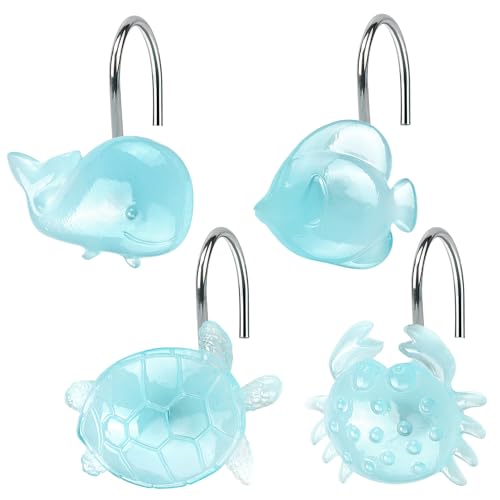 Glow in The Dark Sea Life Shower Hooks 12 Pcs Funny Ocean Animal Bathroom Décor (Whale, Crab, Turtle, Clownfish), Stainless Steel S-Hooks & Glowing Resin, Blue Underwater Theme Kids Bathroom Decor