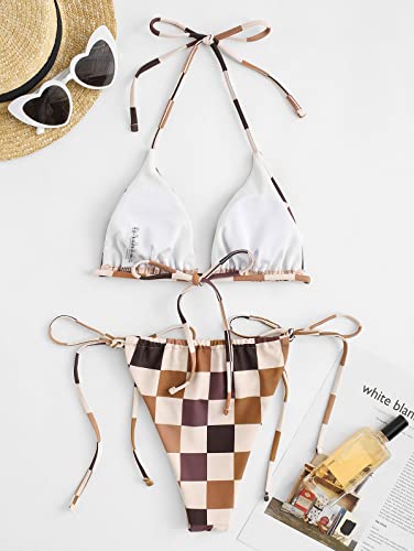 Image of ZAFUL Womens Printed Triangle Bikinis 2 Piece Halter Bikini Sets High Cut Bathing Suit Side Tie Swimsuits