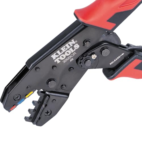 Image of Klein Tools 3007CR Crimping Tool For Heat Shrink Connectors, Ratcheting Terminal Crimper, 10 to 22 AWG Stranded Copper Wire, Full-Cycle, 3-Cavity