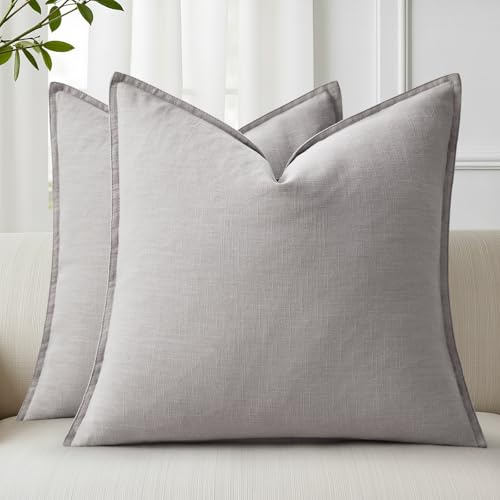 Image of decorUhome Decorative Linen Throw Pillow Covers 20x20 Inch Set of 2 Light Grey Pillow Covers with Flange Edges Soft Farmhouse Boho Accent Pillow Cases for Couch Bed Living Room
