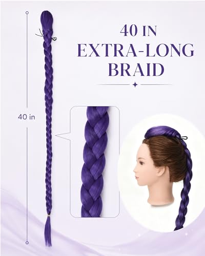 Image of Rose bud Purple Braid Ponytail Extension 40 Inch Long Braided Detachable Ponytail for Women Halloween Cosplay